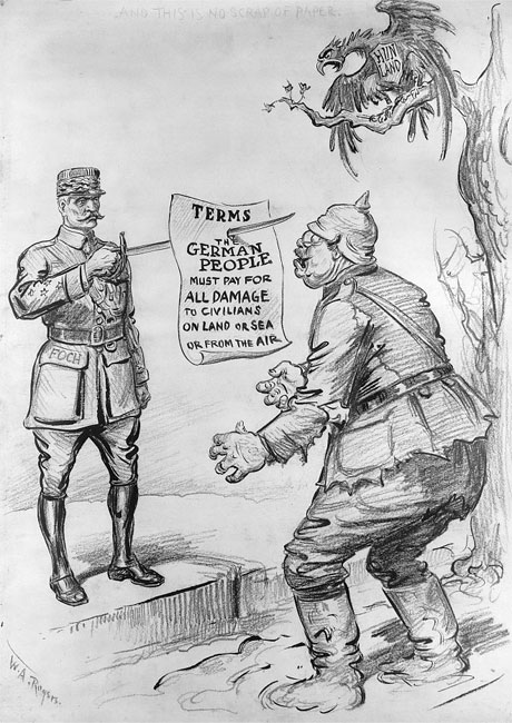 Amerikanische Karikatur, die den alliierten Befehlshaber Foch bei der Verkündung der Waffenstillstandbedingungen zeigt