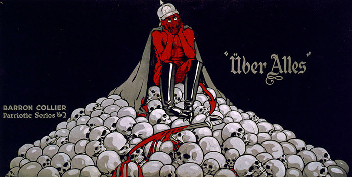 Ein amerikanisches Plakat aus dem Jahr 1917. Kaiser Wilhelm II. als Teufel auf einem Berg von Schädeln.