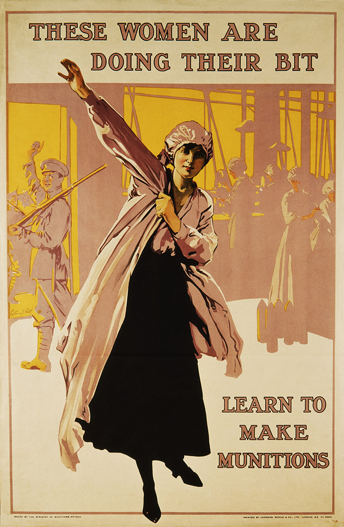 Ein britisches Plakat fordert Frauen auf, sich freiwillig als Rüstungsarbeiterinnen zu melden