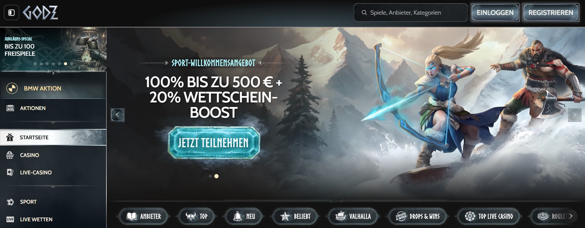 Startseite eines modernen Online-Casino-Portals mit nordischer Mythologie, Bonusangeboten und klarer Navigation, präsentiert als wettanbieter ohne oasis mit Fokus auf Sportwetten, Casino und Live-Casino in professionellem Design.