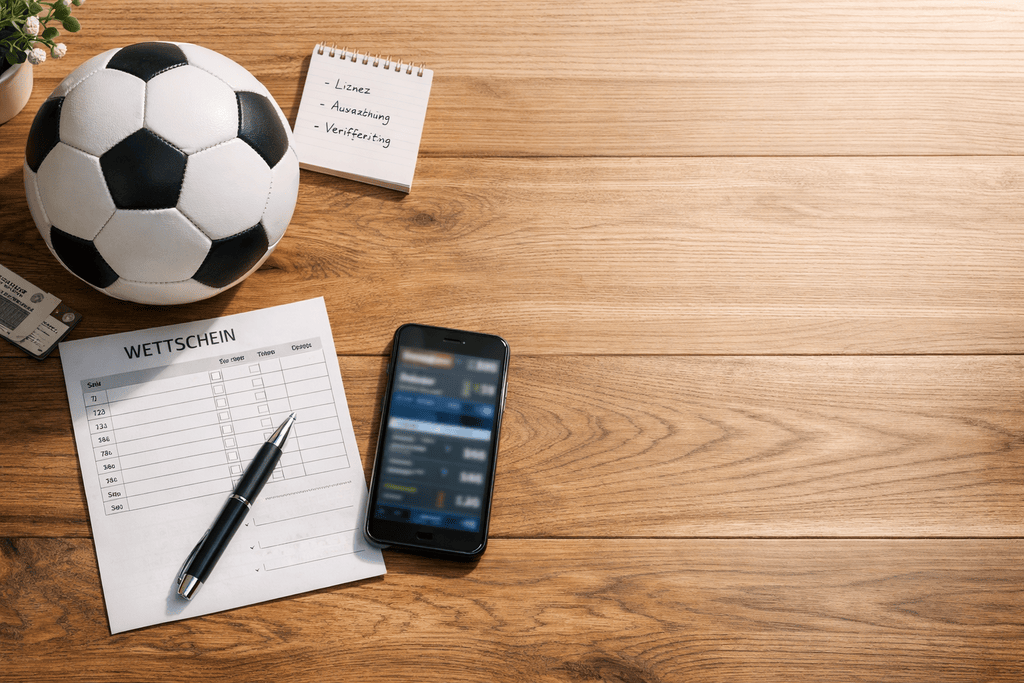 Fußball, Wettschein und Smartphone auf Holztisch mit Notizen zu Lizenz, Auszahlung und Verifizierung – seriöse Darstellung zum Thema Wettanbieter ohne OASIS.