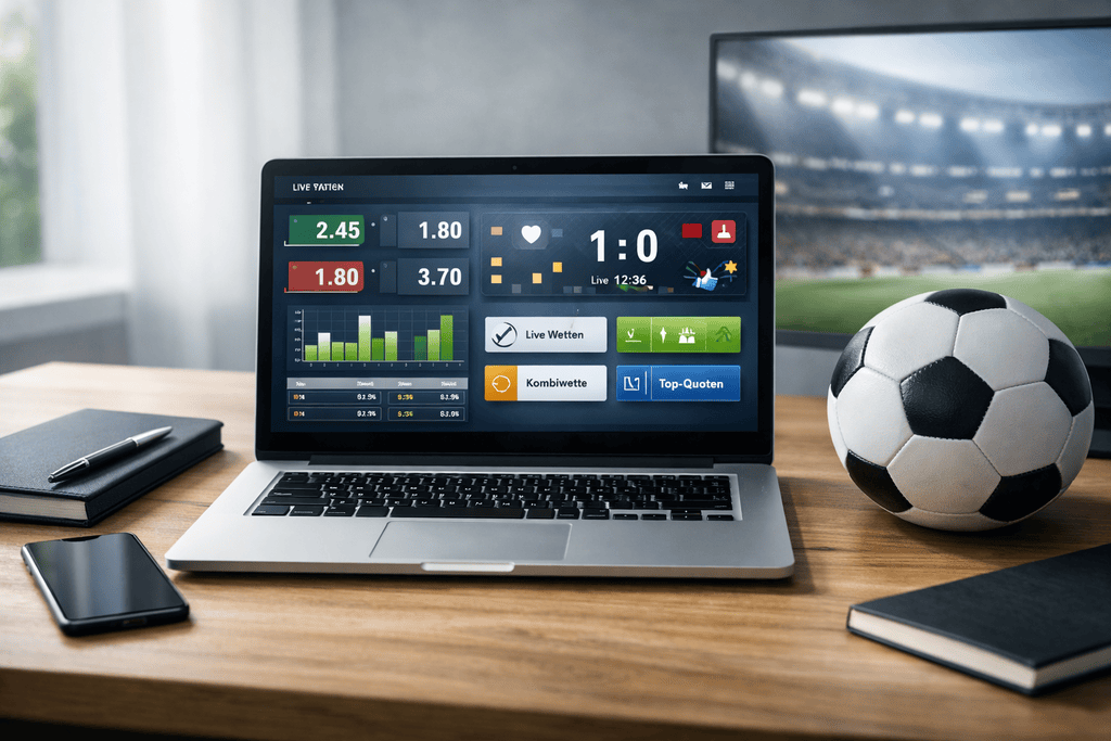 Ein moderner Laptop auf einem Holztisch zeigt eine Live-Wetten Oberfläche mit Fußballstatistiken, Quoten und Diagrammen, ergänzt durch Smartphone, Notizbücher und Ball, passend für Inhalte zu Wettanbieter ohne OASIS und digitalem Sportwettenvergleich.