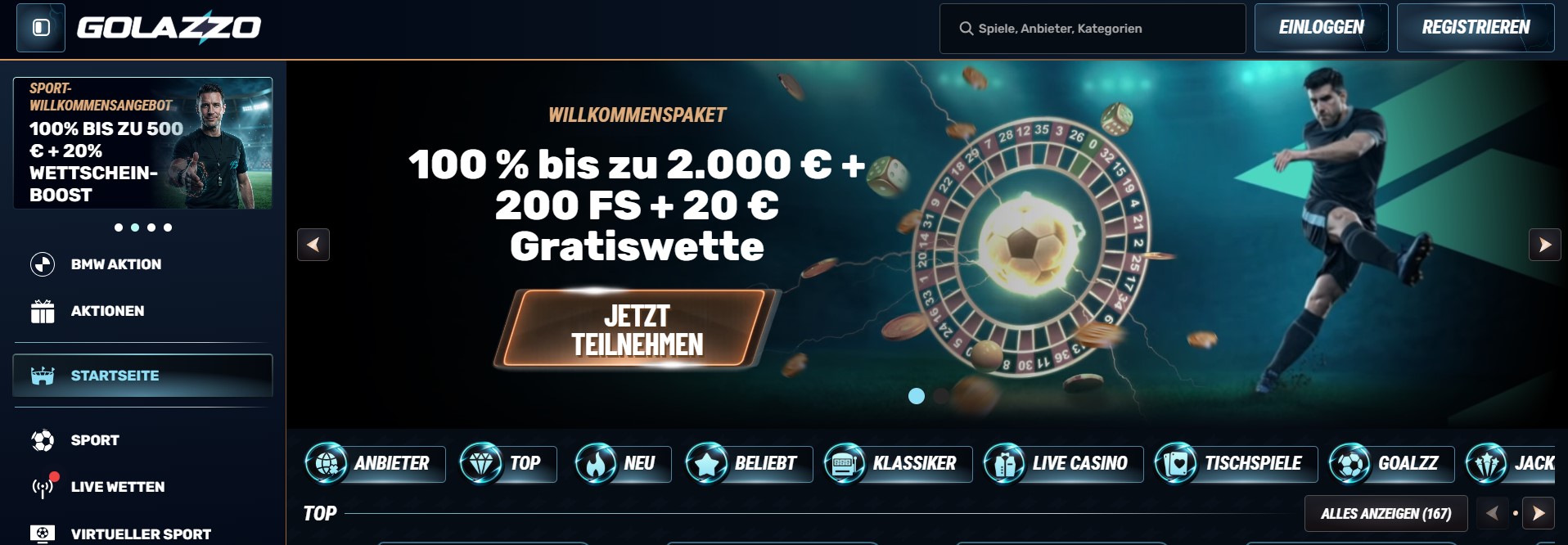 Startseite eines modernen Online-Casino- und Sportwetten-Portals mit dunklem Design, Bonusangeboten und klarer Navigation, präsentiert als Beispiel für seriöse Wettanbieter ohne Oasis, die verschiedene Spiele und Sportwetten kombinieren.